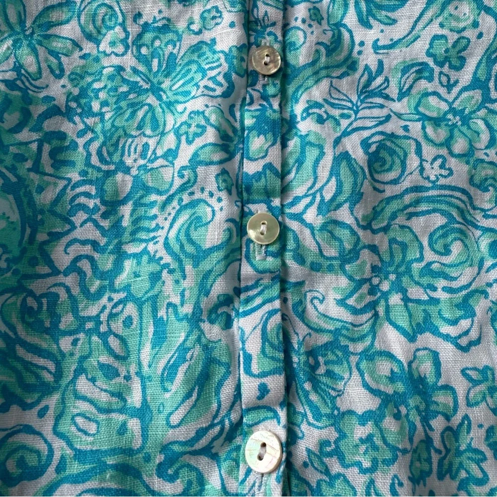 Lilly Pulitzer Linen Tayla Blouse Flutter Sleeve blue and aqua large - Picture 8 of 9